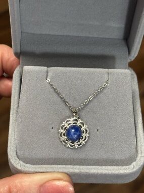 Natural 2CT Blue Star 6 Ray Sapphire 8mm round cabochon Necklace Sterling Silver